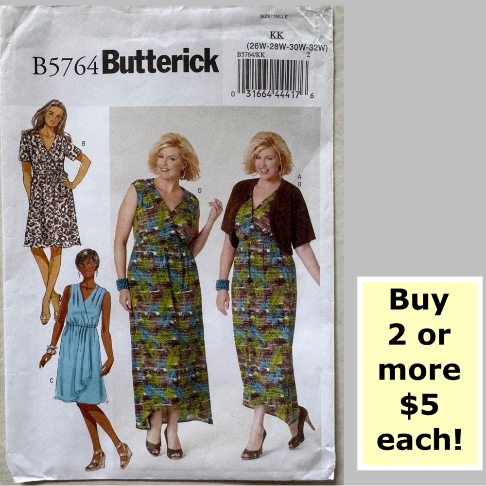 Butterick B5764 Women's Dress Sewing Pattern Uncut (26W-32W)